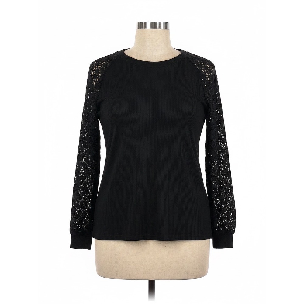 MIHOLL Womens Lace Long Sleeve Ribbed Knit Top Black XL